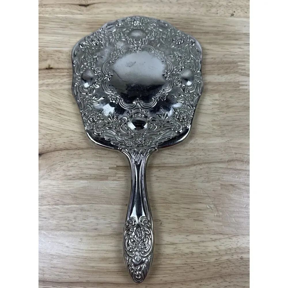 VINTAGE SILVERPLATE VICTORIAN STYLE VANITY HAND HELD MIRROR RAISED FLORAL DESIGN